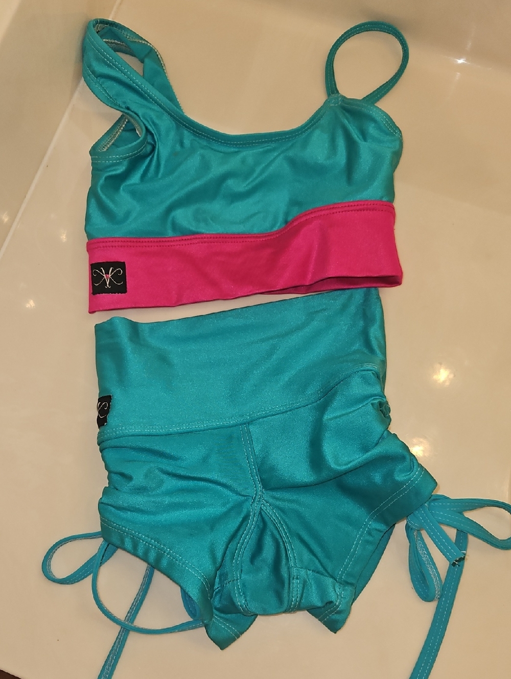 Kandi Kouture 2 Piece Set Teal And Pink CS Small Dance Set